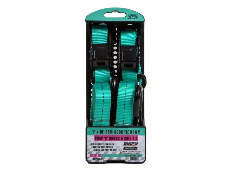 SPEEDSTRAP SHREDDY 1″ X 10′ CAM-LOCK TIE DOWN WITH SNAP S-HOOKS AND SOFT-TIE (2 PACK) – TEAL