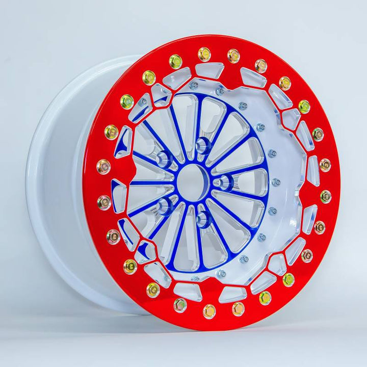 RED, WHITE, AND BLUE CUSTOM CRUSHER PRO BILLET UTV BEADLOCK WHEELS (SET OF 4 WHEELS)