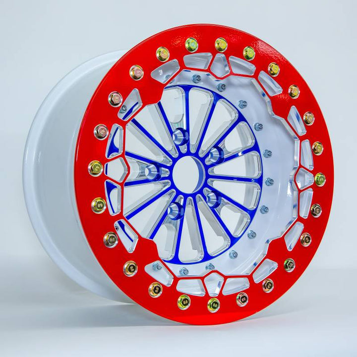 RED, WHITE, AND BLUE CUSTOM CRUSHER PRO BILLET UTV BEADLOCK WHEELS (SET OF 4 WHEELS)