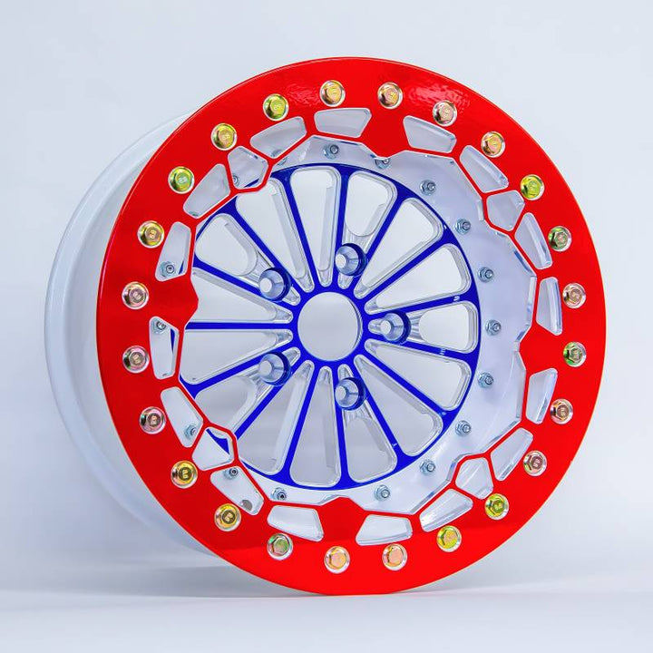 RED, WHITE, AND BLUE CUSTOM CRUSHER PRO BILLET UTV BEADLOCK WHEELS (SET OF 4 WHEELS)