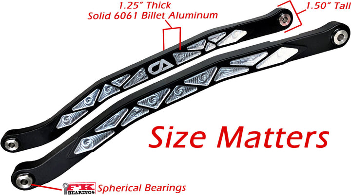 CA Tech USA Cam-Am X3 High Clearance Radius Rods are the largest and thickest rods on the market providing strength, dependability, and affordability. 1.25 inches thick and 1.5 inches high. Built with FK Brand Spherical bearings. Kit contains four high clearance rods for the highest ground clearance.